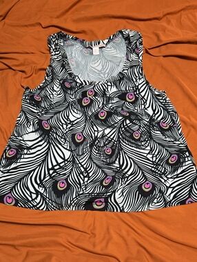 Matthew Williamson Black & White Peacock Feather Tank with Pink Accents
